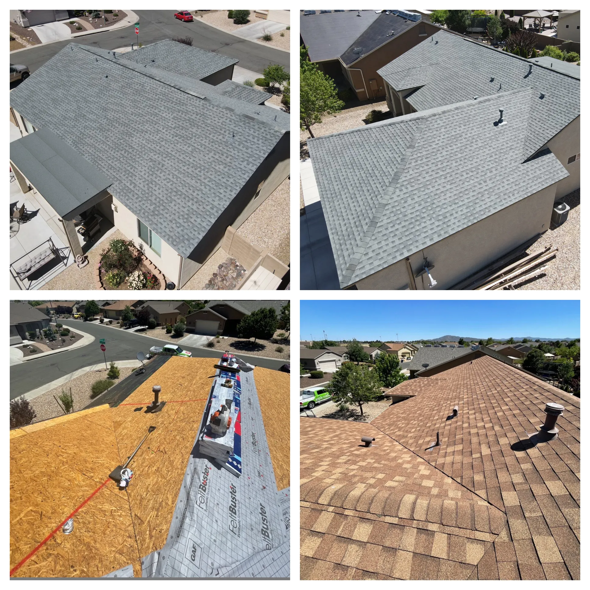 Collage of residential shingle roofs and roofing work in progress