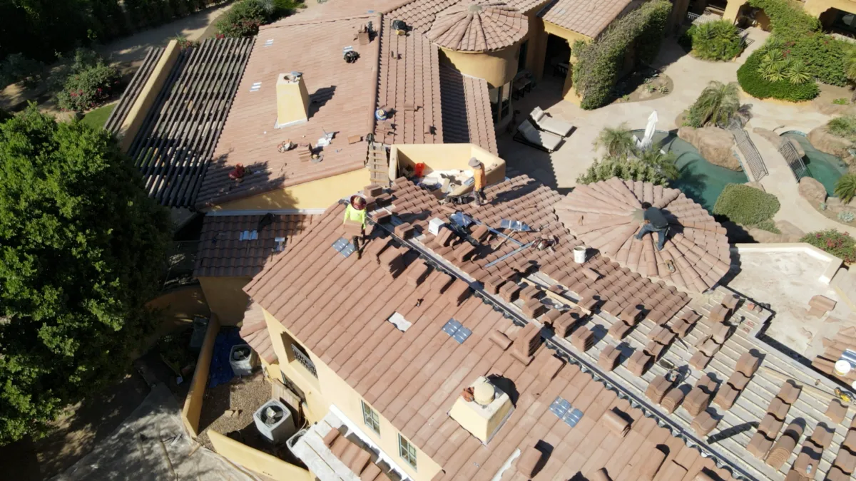 Roof work viewed from above